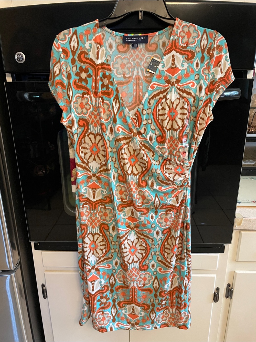 Jones New York Turquoise & Orange Ikat-Print Wrap Midi Dress